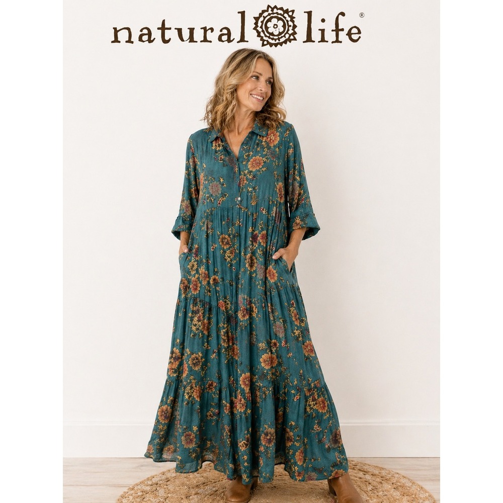 Natural Life Boho Western Floral Maxi Dress XL Teal Tiered Button Front